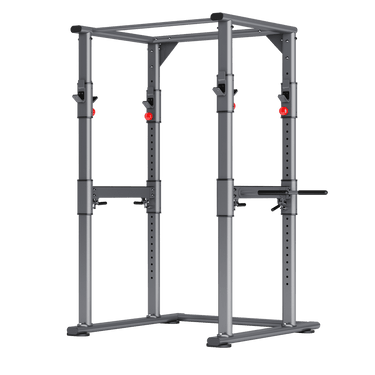 A heavy-duty steel frame power cage designed for strength training, featuring safety bars and J-hooks.